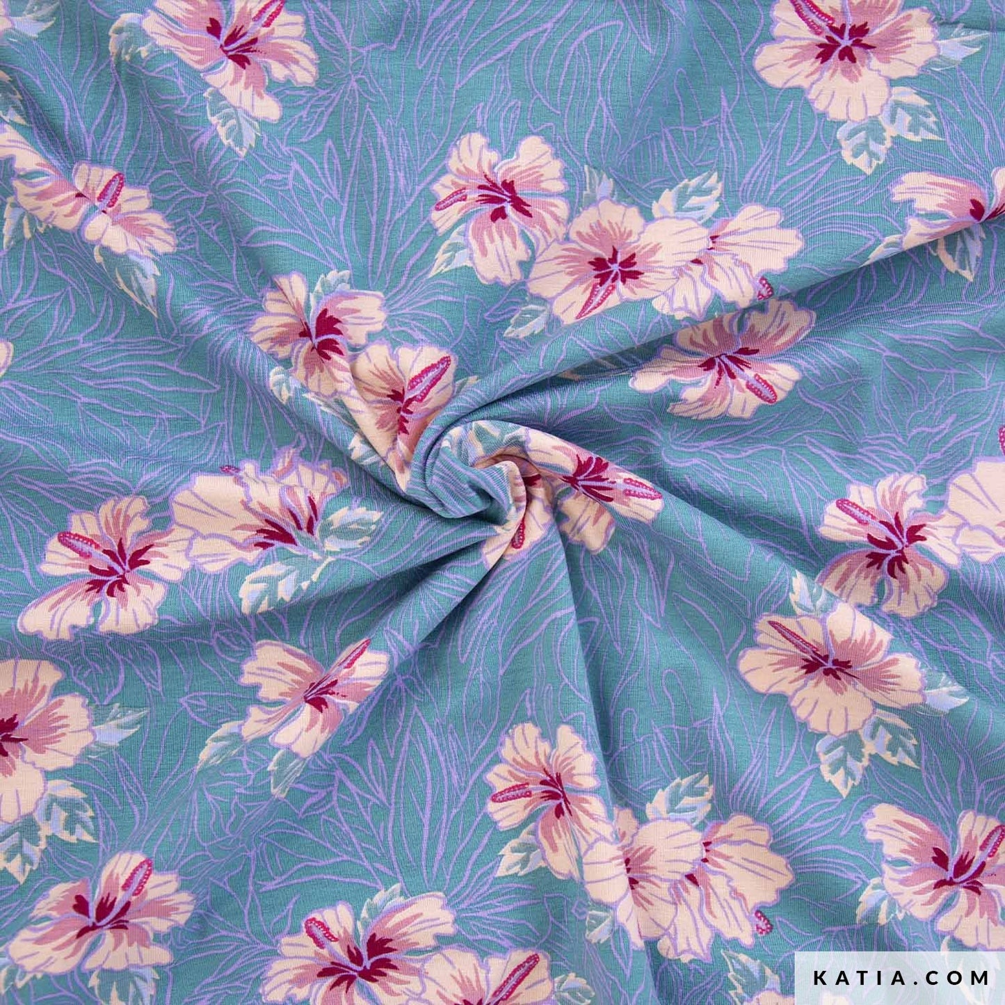 Turquoise viscose tricot stof met licht roze bloemen.